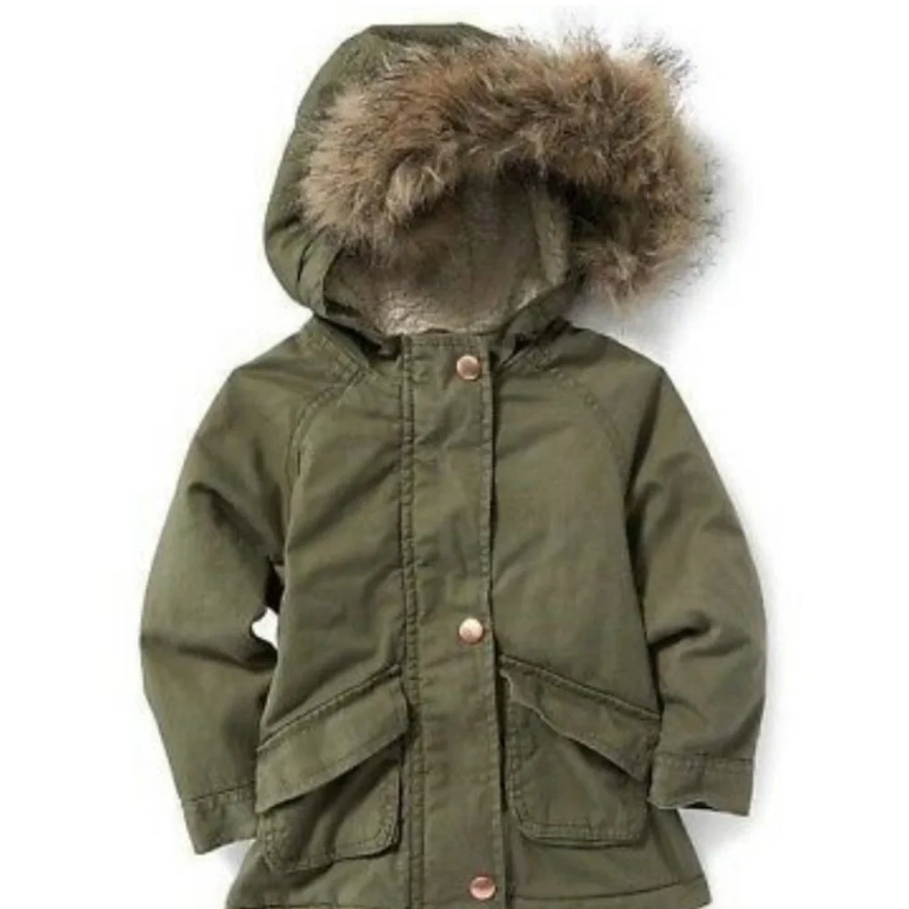 Warm Hooded Winter Coat Fur Trim Hood Jacket Old Navy Olive Khaki Green Size 4T